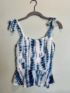 Japna Blue and White Tie-Dye Peplum Camisole with Tie Straps